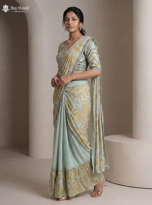 Powder Blue Pre Draped Saree With Embroidered Blouse