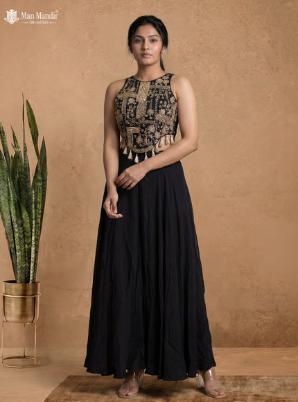 Black Raw Silk Satin Embroidered Croptop Palazzo And Choker Dupatta Set