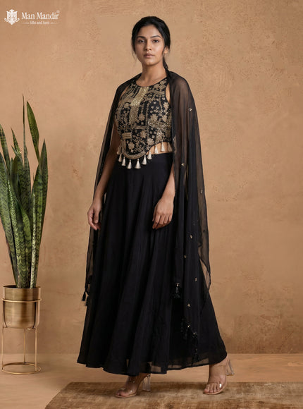 Black Raw Silk Satin Embroidered Croptop Palazzo And Choker Dupatta Set