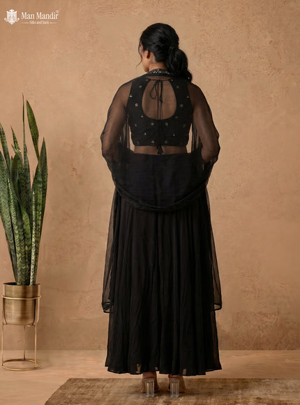 Black Raw Silk Satin Embroidered Croptop Palazzo And Choker Dupatta Set
