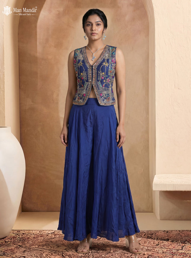 Royal Blue Raw Silk Satin Embroidered Jacket Palazzo And Dupatta Set