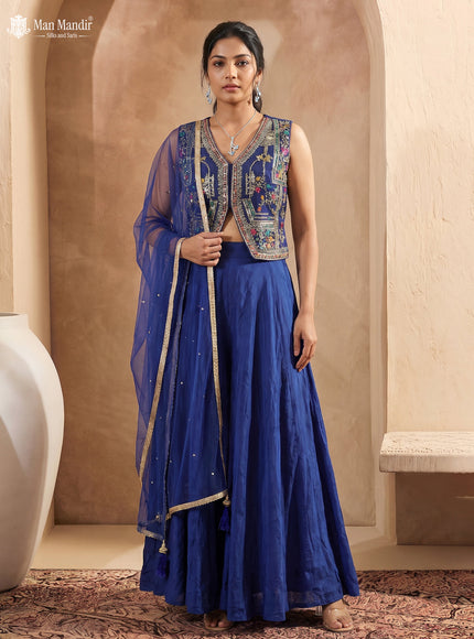 Royal Blue Raw Silk Satin Embroidered Jacket Palazzo And Dupatta Set