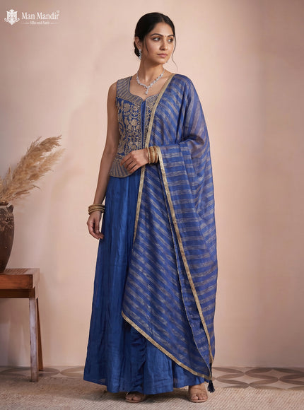 Indigo Blue Raw Silk Satin Embroidered Croptop With Draped Skirt And Organza Dupatta