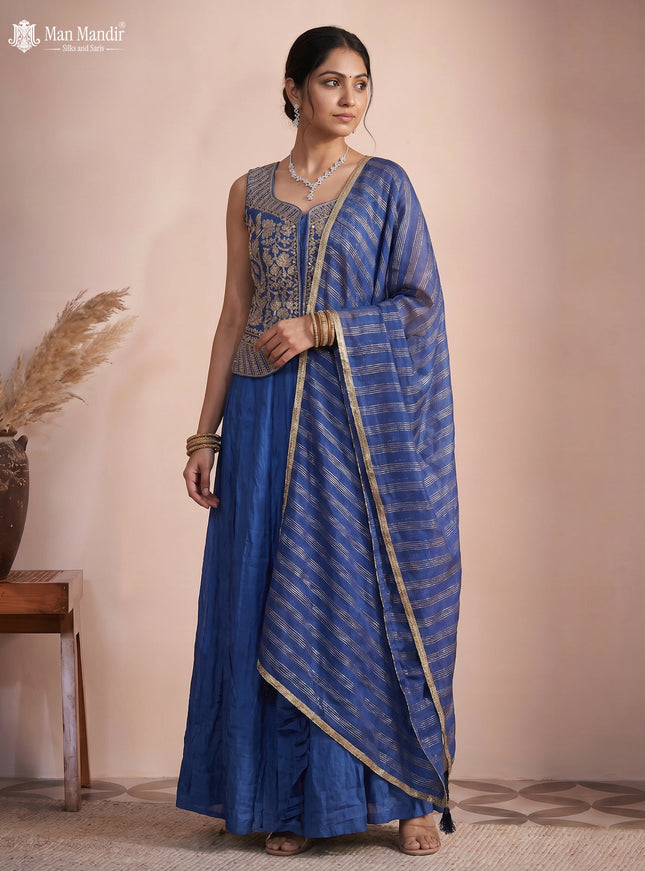Indigo Blue Raw Silk Satin Embroidered Croptop With Draped Skirt And Organza Dupatta