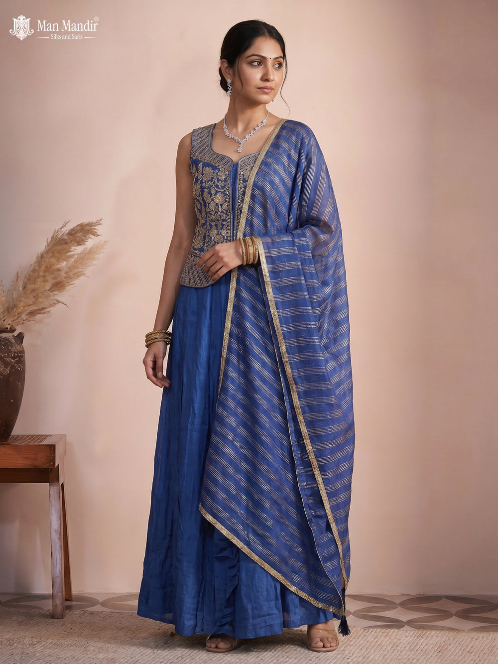Indigo Blue Raw Silk Satin Embroidered Croptop With Draped Skirt And Organza Dupatta