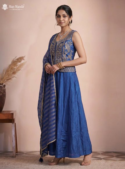 Indigo Blue Raw Silk Satin Embroidered Croptop With Draped Skirt And Organza Dupatta