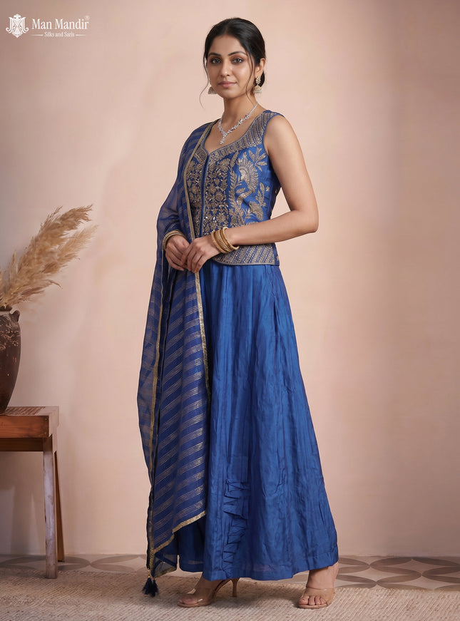 Indigo Blue Raw Silk Satin Embroidered Croptop With Draped Skirt And Organza Dupatta
