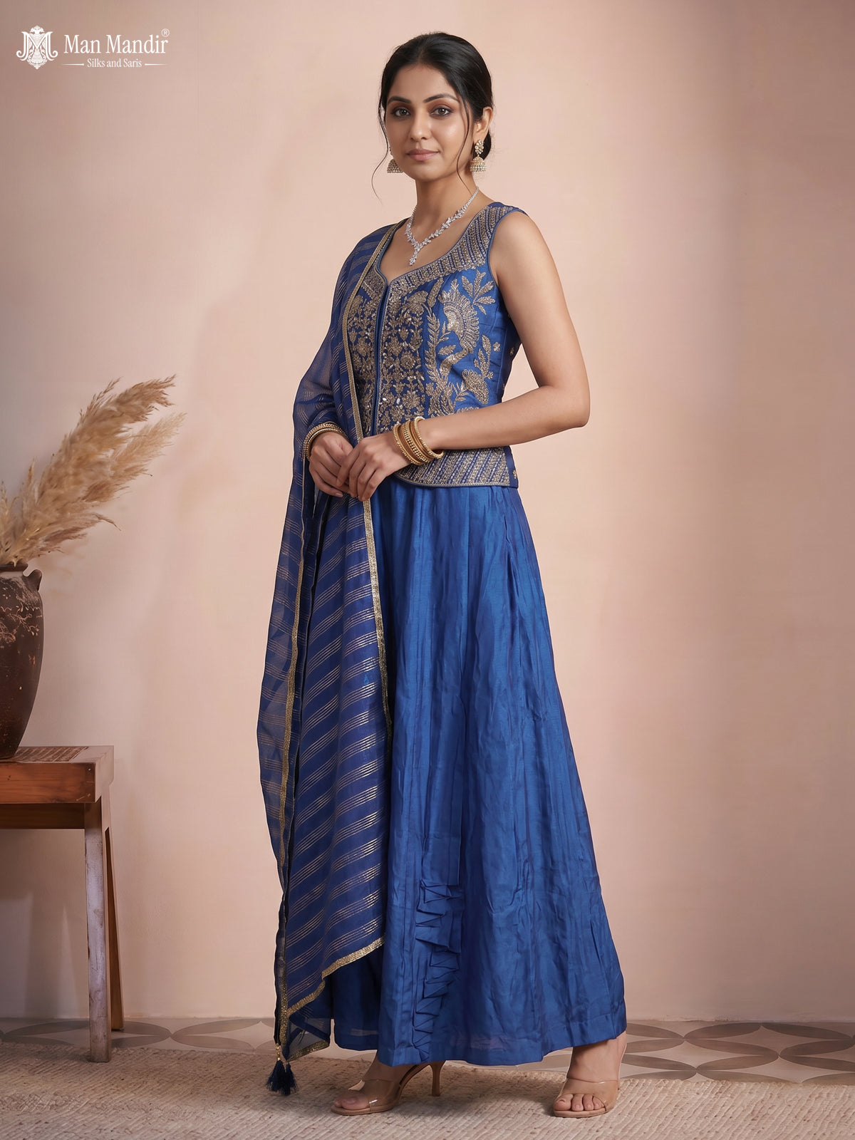 Indigo Blue Raw Silk Satin Embroidered Croptop With Draped Skirt And Organza Dupatta