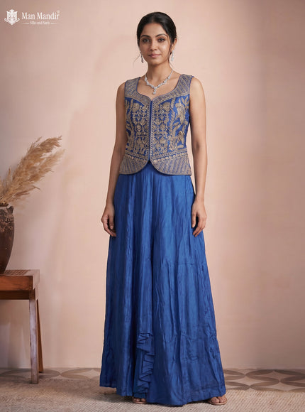 Indigo Blue Raw Silk Satin Embroidered Croptop With Draped Skirt And Organza Dupatta