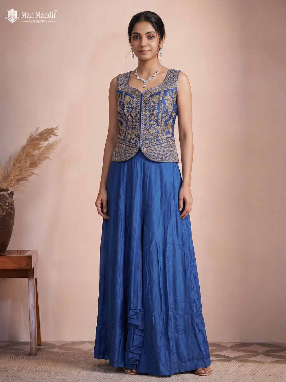 Indigo Blue Raw Silk Satin Embroidered Croptop With Draped Skirt And Organza Dupatta