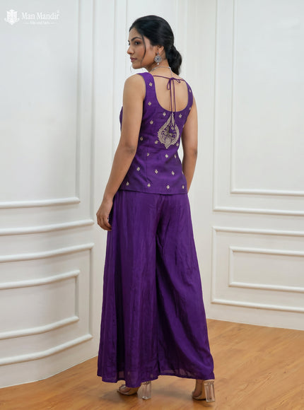 Purple Raw Silk Satin Embroidered Croptop With Draped Skirt And Organza Dupatta
