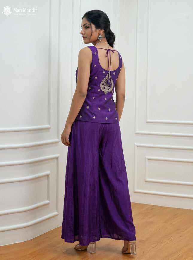 Purple Raw Silk Satin Embroidered Croptop With Draped Skirt And Organza Dupatta
