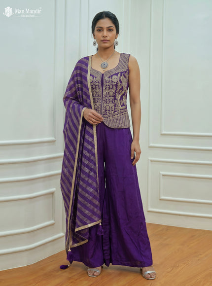 Purple Raw Silk Satin Embroidered Croptop With Draped Skirt And Organza Dupatta