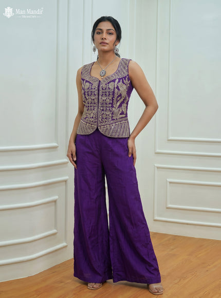 Purple Raw Silk Satin Embroidered Croptop With Draped Skirt And Organza Dupatta