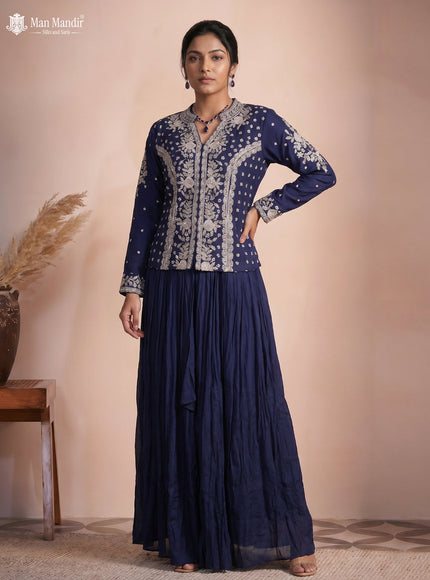 Navy Blue Raw Silk Satin Heavy Sequins Embroidered Shirt And Draped Skirt