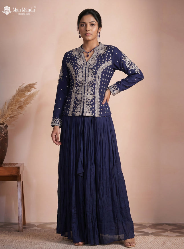 Navy Blue Raw Silk Satin Heavy Sequins Embroidered Shirt And Draped Skirt