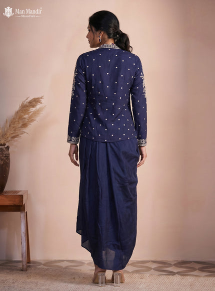 Navy Blue Raw Silk Satin Heavy Sequins Embroidered Shirt And Draped Skirt