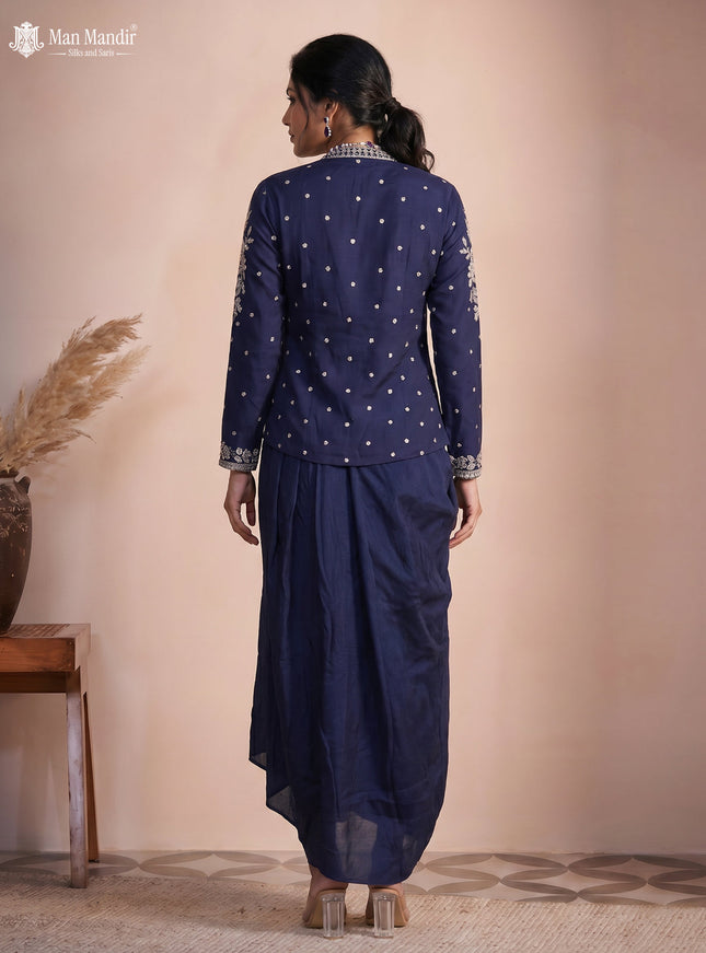 Navy Blue Raw Silk Satin Heavy Sequins Embroidered Shirt And Draped Skirt