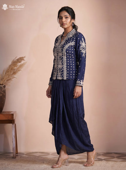 Navy Blue Raw Silk Satin Heavy Sequins Embroidered Shirt And Draped Skirt
