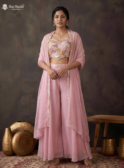 Pastel Pink Georgette Netted Embroidered Croptop Palazzo And Choker Dupatta