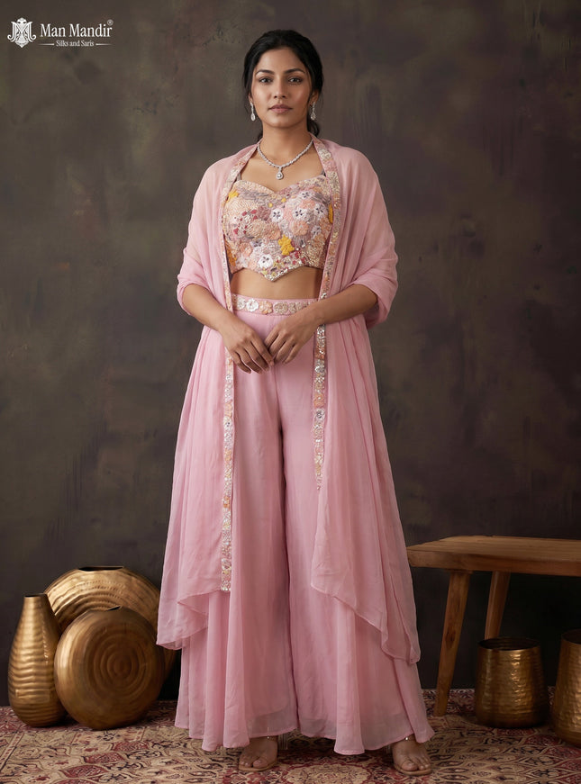 Pastel Pink Georgette Netted Embroidered Croptop Palazzo And Choker Dupatta