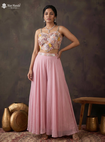 Pastel Pink Georgette Netted Embroidered Croptop Palazzo And Choker Dupatta