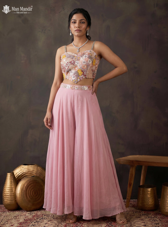 Pastel Pink Georgette Netted Embroidered Croptop Palazzo And Choker Dupatta