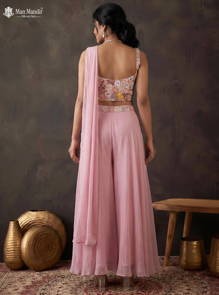 Pastel Pink Georgette Netted Embroidered Croptop Palazzo And Choker Dupatta