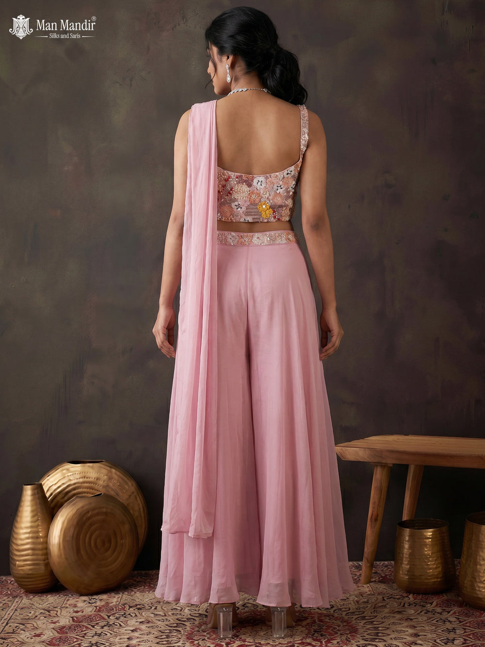 Pastel Pink Georgette Netted Embroidered Croptop Palazzo And Choker Dupatta