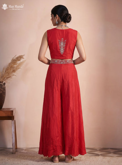Red Raw Silk Satin Embroidered Croptop With Draped Skirt And Dupatta