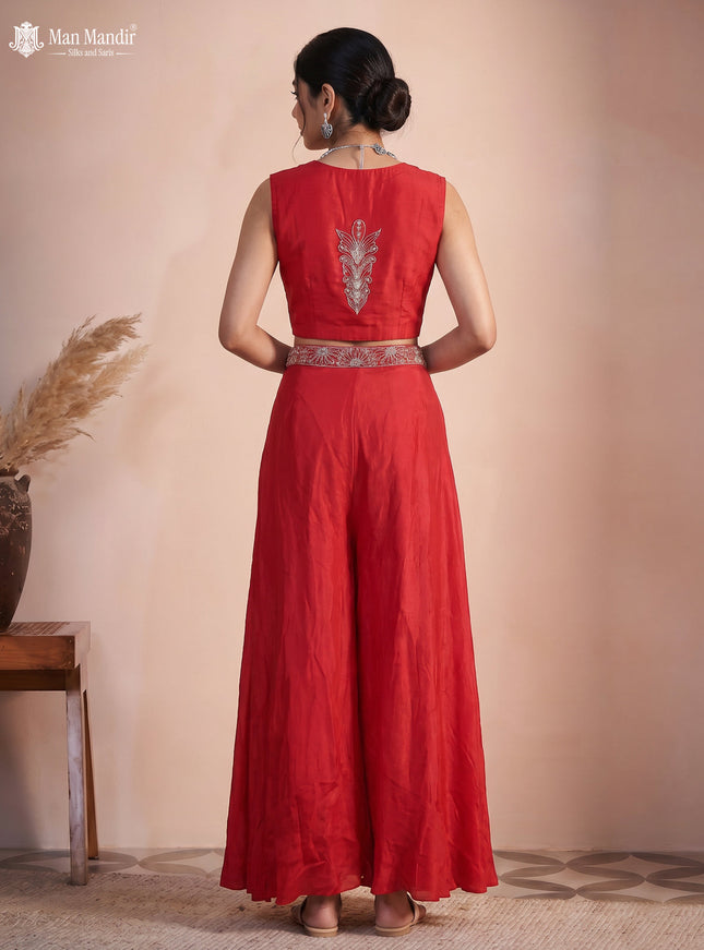 Red Raw Silk Satin Embroidered Croptop With Draped Skirt And Dupatta