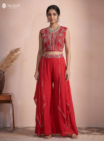 Red Raw Silk Satin Embroidered Croptop With Draped Skirt And Dupatta