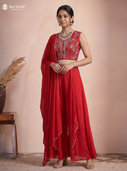 Red Raw Silk Satin Embroidered Croptop With Draped Skirt And Dupatta