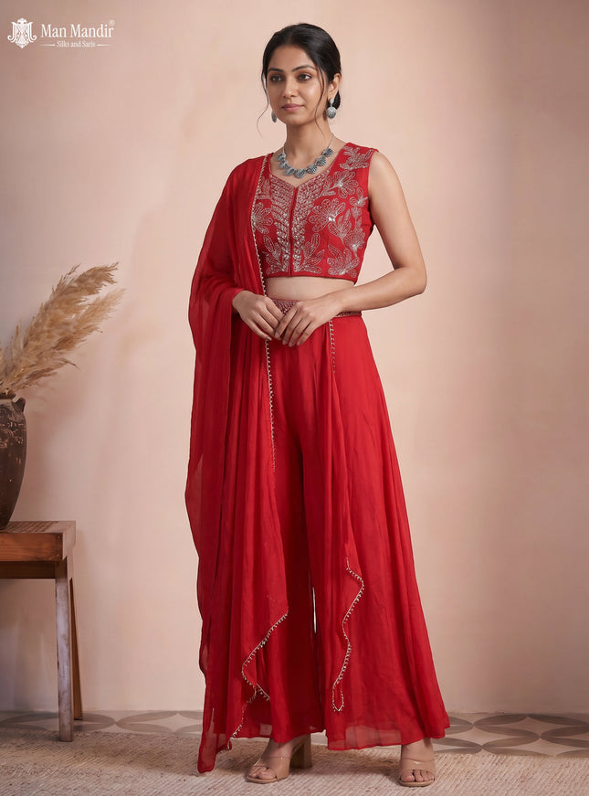 Red Raw Silk Satin Embroidered Croptop With Draped Skirt And Dupatta