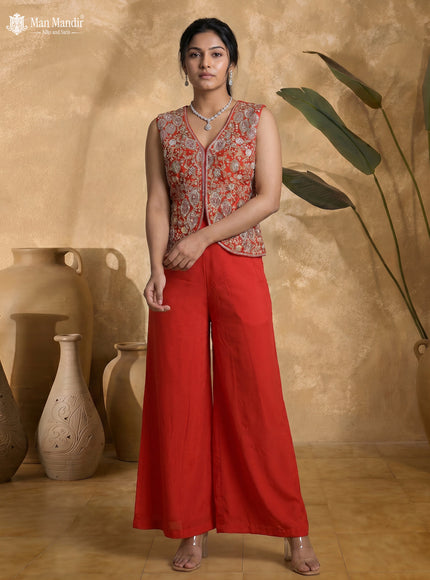 Orange Raw Silk Satin Embroidered Crop Top Palazzo And Organza Cape Set