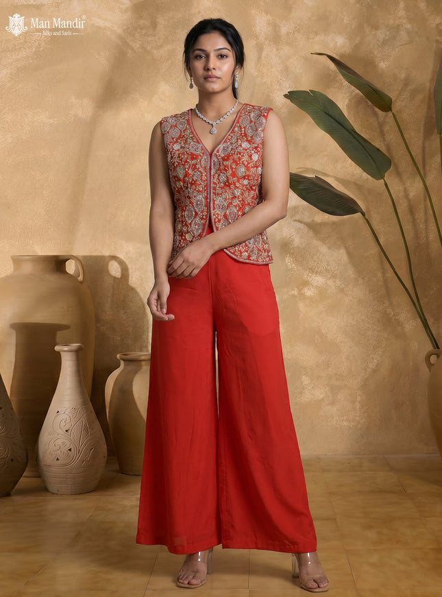Orange Raw Silk Satin Embroidered Crop Top Palazzo And Organza Cape Set
