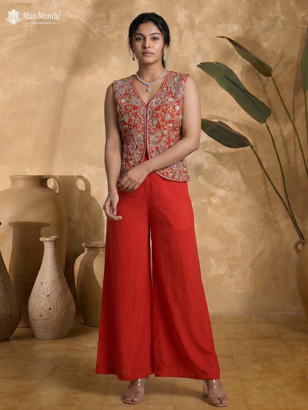 Orange Raw Silk Satin Embroidered Crop Top Palazzo And Organza Cape Set