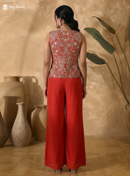 Orange Raw Silk Satin Embroidered Crop Top Palazzo And Organza Cape Set