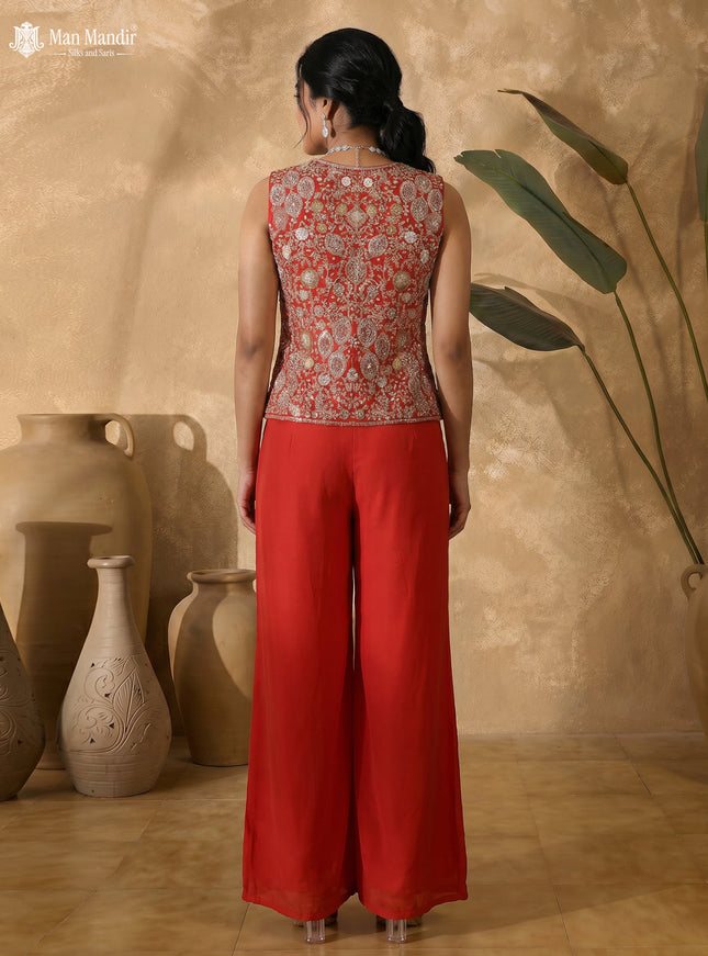 Orange Raw Silk Satin Embroidered Crop Top Palazzo And Organza Cape Set