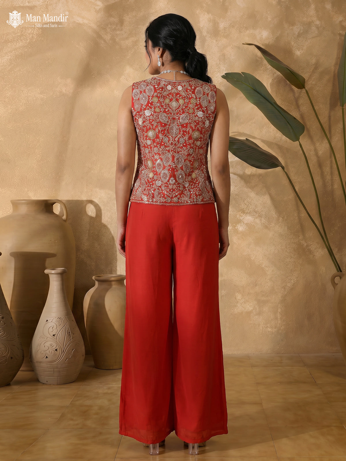 Orange Raw Silk Satin Embroidered Crop Top Palazzo And Organza Cape Set