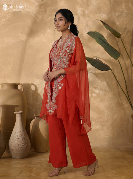 Orange Raw Silk Satin Embroidered Crop Top Palazzo And Organza Cape Set