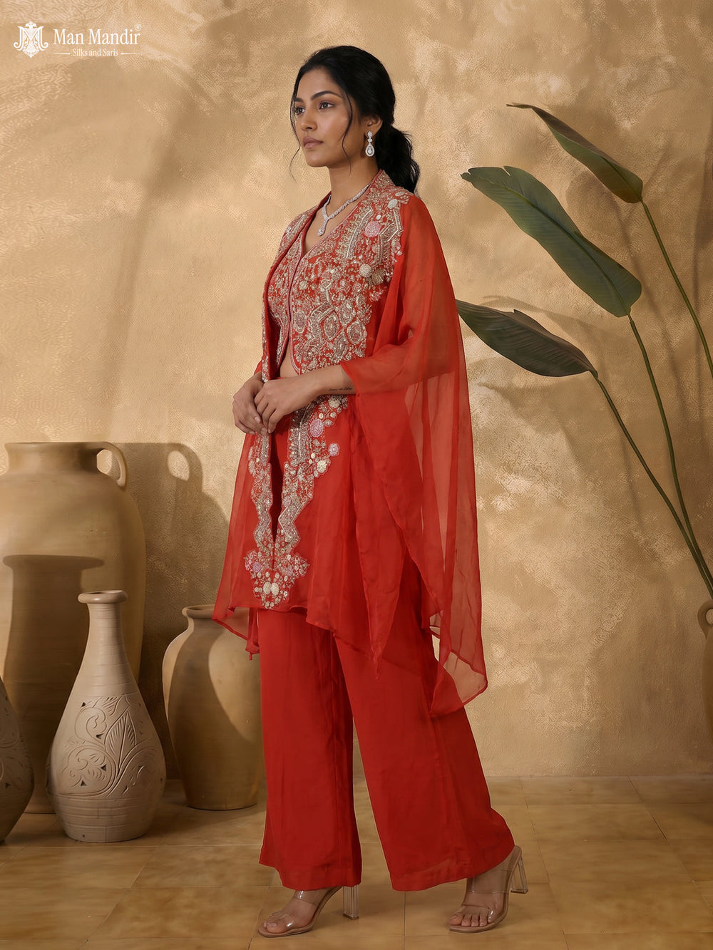Orange Raw Silk Satin Embroidered Crop Top Palazzo And Organza Cape Set