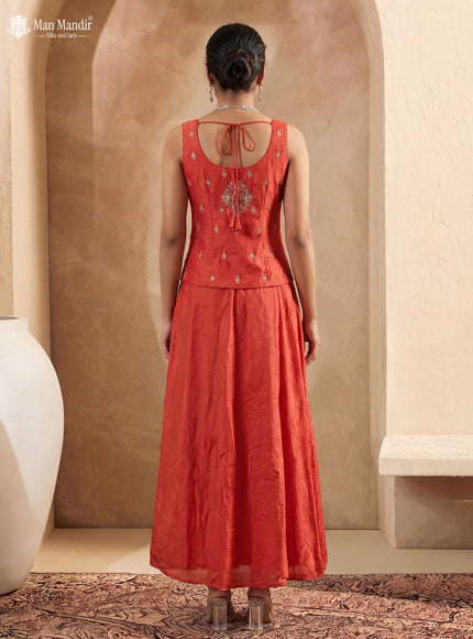 Dusty Orange Raw Silk Satin Embroidered Croptop With Draped Skirt And Organza Dupatta