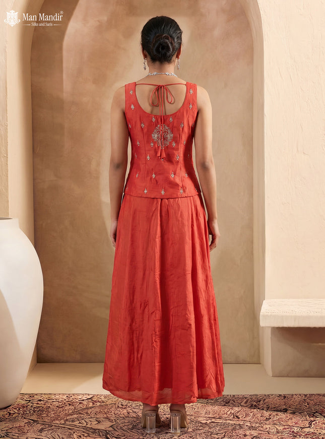 Dusty Orange Raw Silk Satin Embroidered Croptop With Draped Skirt And Organza Dupatta
