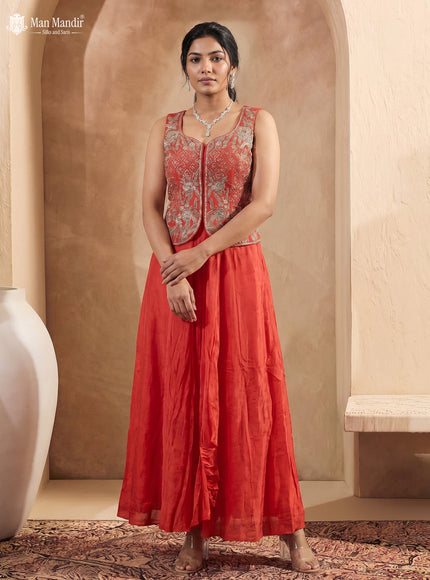 Dusty Orange Raw Silk Satin Embroidered Croptop With Draped Skirt And Organza Dupatta