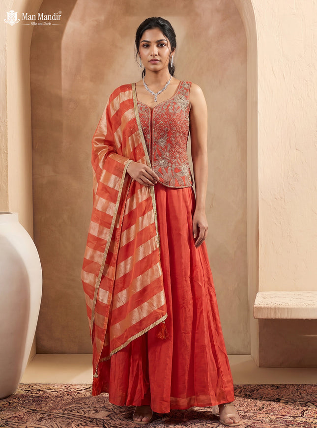 Dusty Orange Raw Silk Satin Embroidered Croptop With Draped Skirt And Organza Dupatta