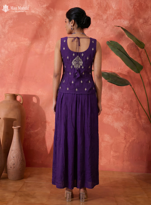 Rani Pink Raw Silk Satin Embroidered Croptop With Draped Skirt And Organza Dupatta