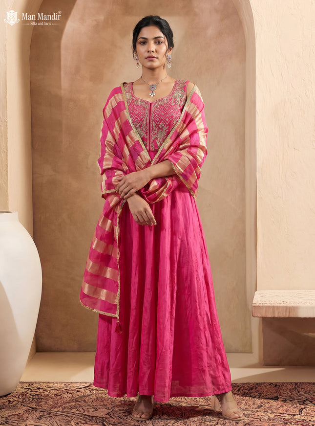 Rani Pink Raw Silk Satin Embroidered Croptop With Draped Skirt And Organza Dupatta