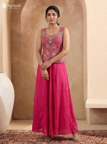 Rani Pink Raw Silk Satin Embroidered Croptop With Draped Skirt And Organza Dupatta