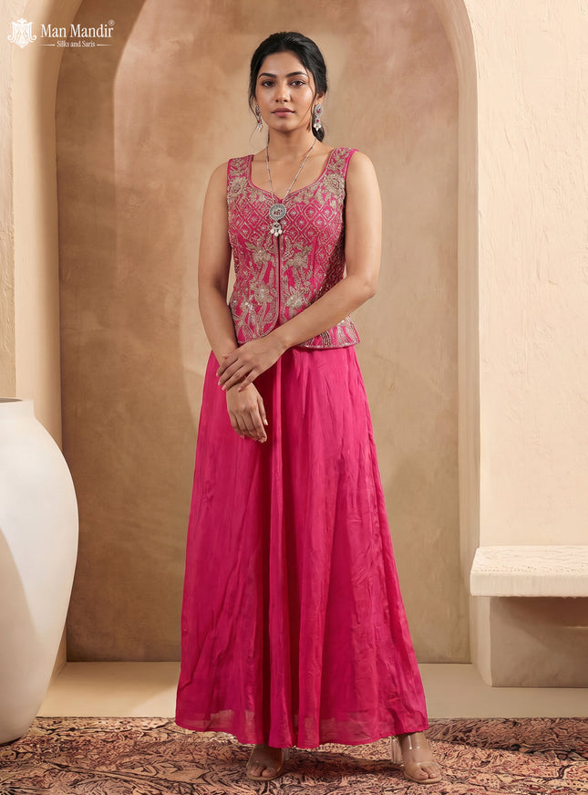 Rani Pink Raw Silk Satin Embroidered Croptop With Draped Skirt And Organza Dupatta